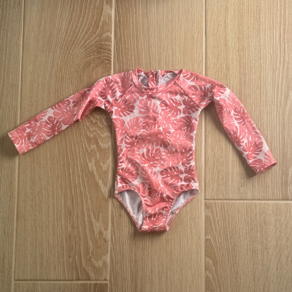 Pink Monstera Pattern Girls 3T Swimsuit